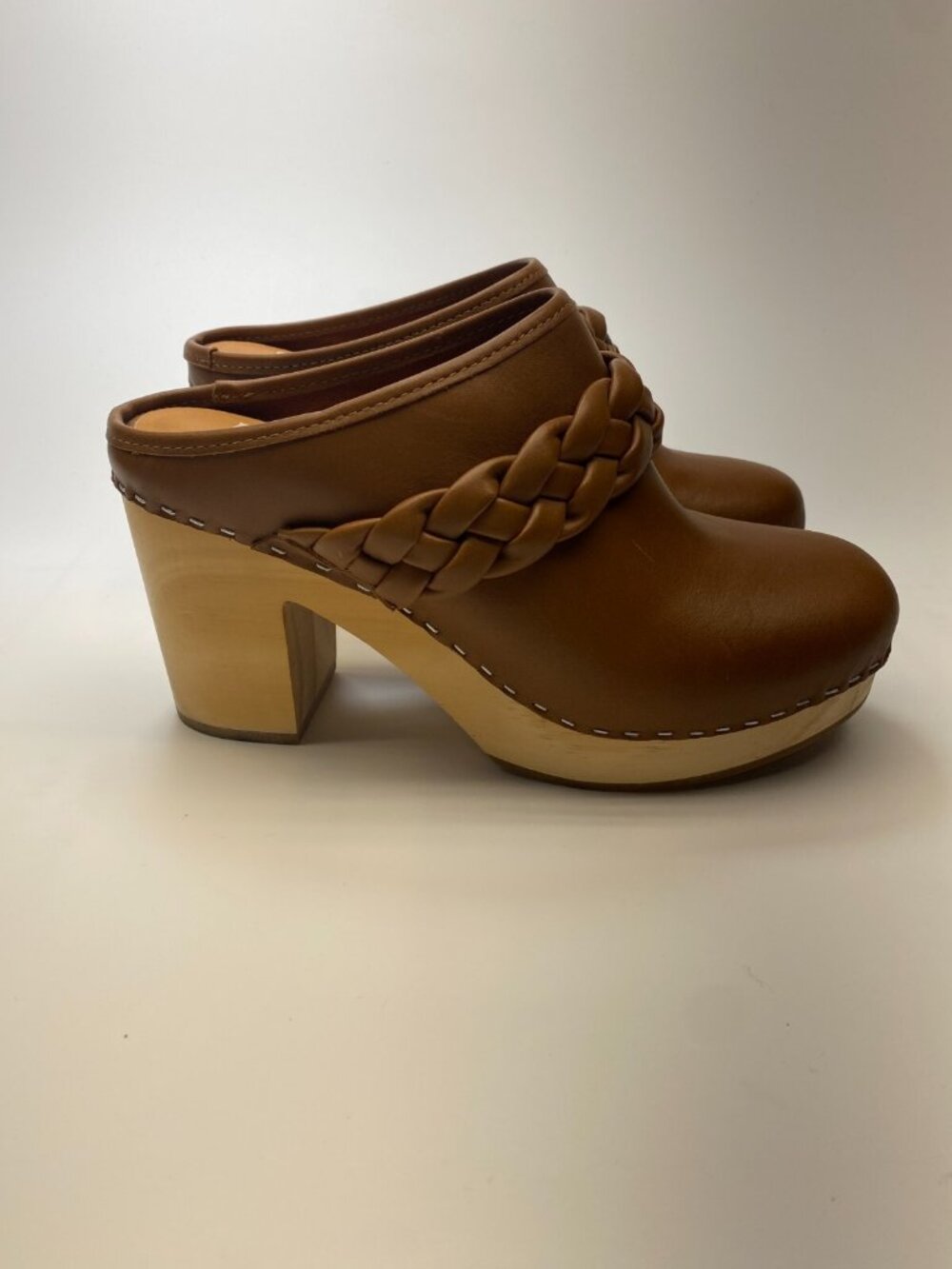 Dolce Vita Hila Braided Block Heel Mule Brown Leather Clogs Sz 8.5